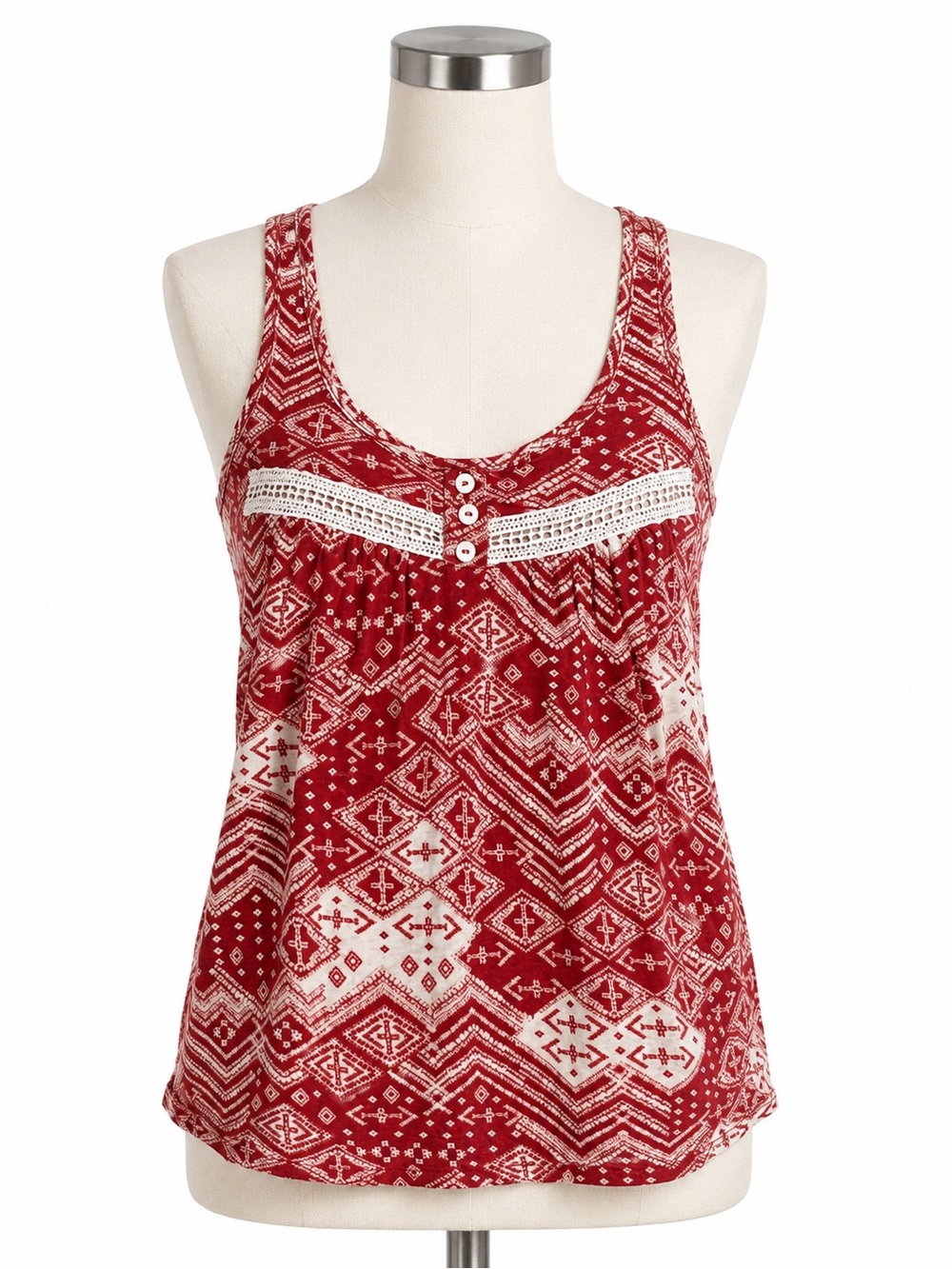 Annabelle USA Boho Tank Top Women’s Large Red Cream Geometric Lace Trim Flowy